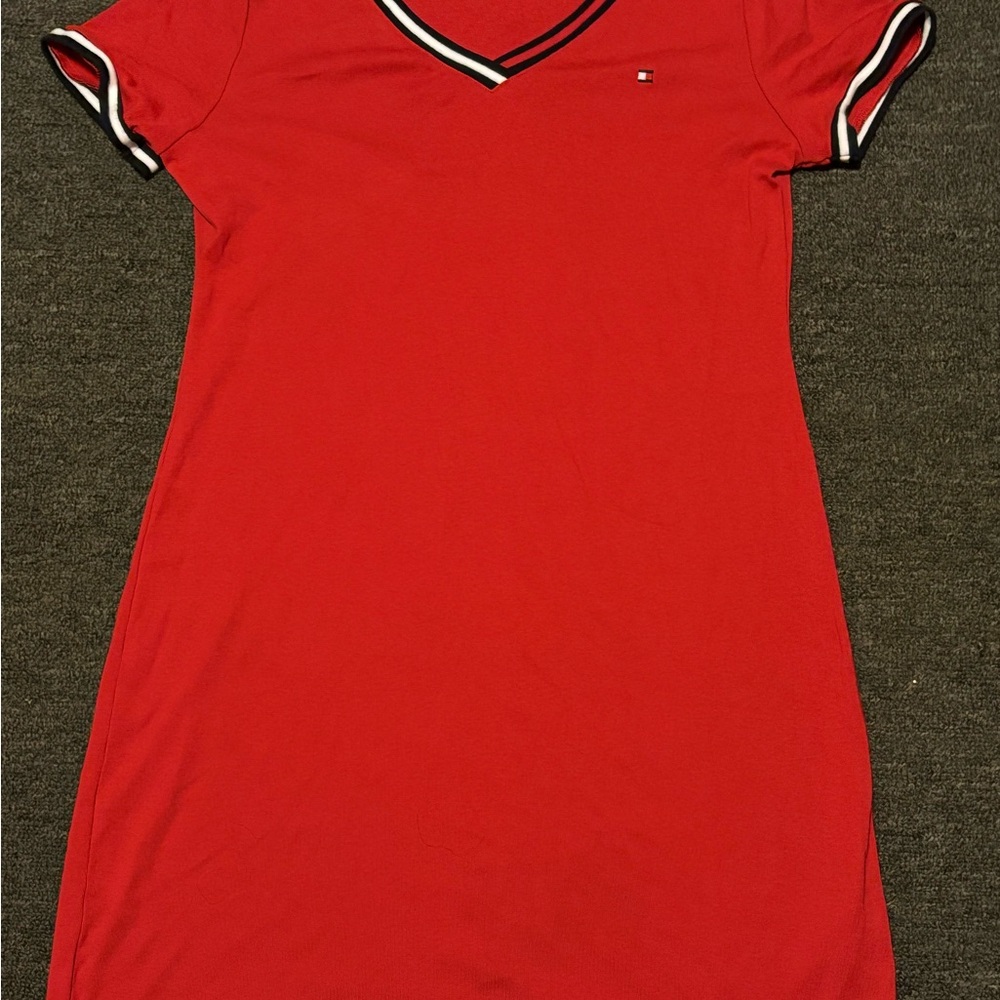 Tommy Hilfiger Red Dress with Striped Trim